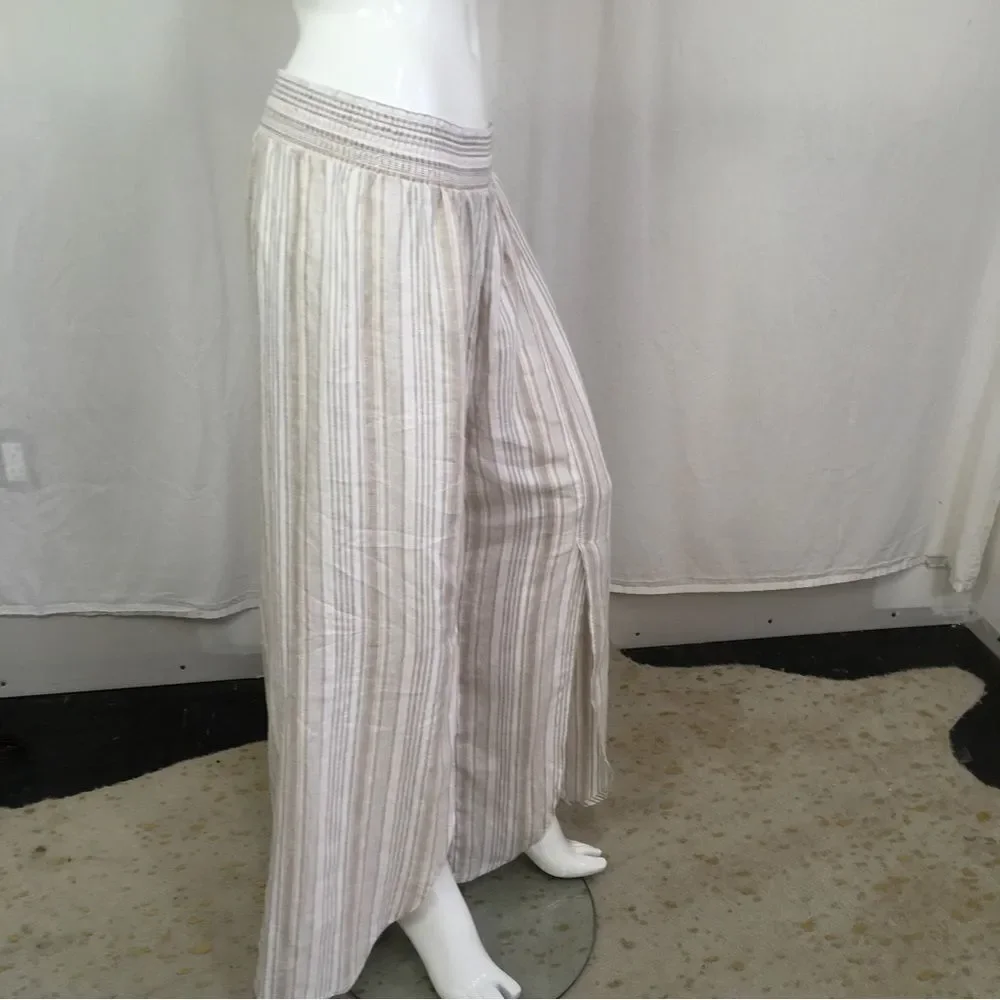 NEW Land n’ Sea Linen Rayon Tan Striped Wide Leg Spilt front Pull On Pants L